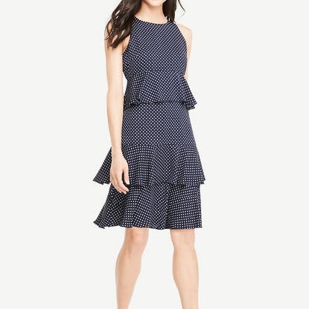 ANN TAYLOR Navy Blue Polka Dot Tiered Ruffle Sleeveless Dress Size 4